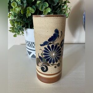 Vintage Tonala Mexican Gardiel Pottery Cup Vase Hand Painted 6" Blue Brown
